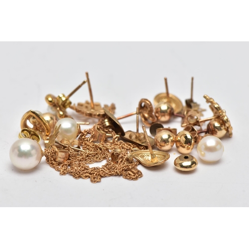 62 - AN ASSORTMENT OF 9CT GOLD AND YELLOW METAL JEWELLERY, to include a pair of 9ct gold earrings, hallma... 