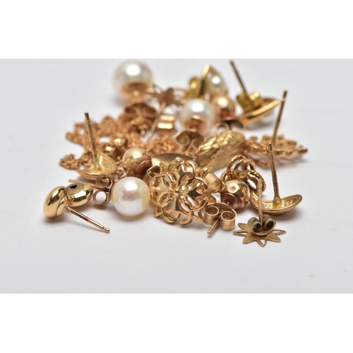 62 - AN ASSORTMENT OF 9CT GOLD AND YELLOW METAL JEWELLERY, to include a pair of 9ct gold earrings, hallma... 