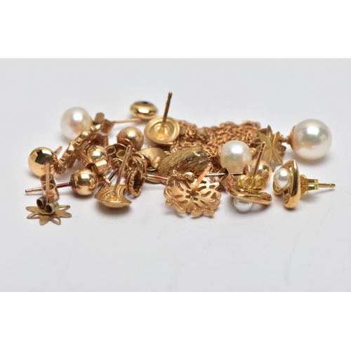 62 - AN ASSORTMENT OF 9CT GOLD AND YELLOW METAL JEWELLERY, to include a pair of 9ct gold earrings, hallma... 