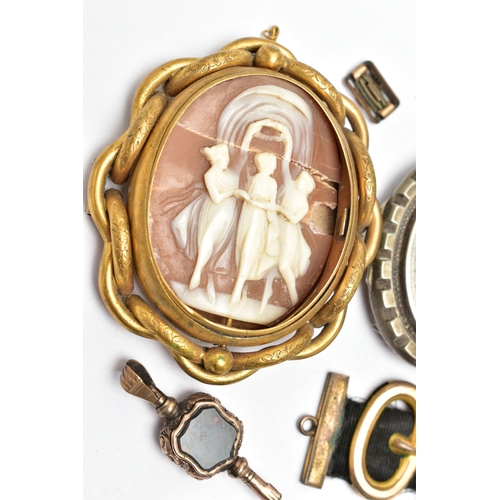 65 - AN ASSORTMENT OF LATE 19TH CENTURY JEWELLERY ITEMS, to include an AF shell cameo depicting the three... 