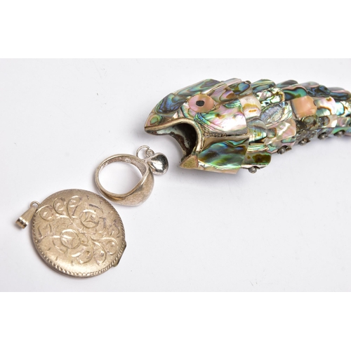 69 - A LARGE ARTICULATED FISH AND THREE PIECES OF JEWELLERY, articulated Abalone shell fish, approximate ... 