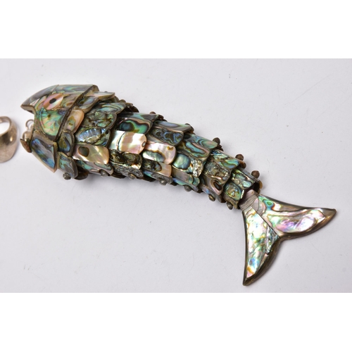 69 - A LARGE ARTICULATED FISH AND THREE PIECES OF JEWELLERY, articulated Abalone shell fish, approximate ... 