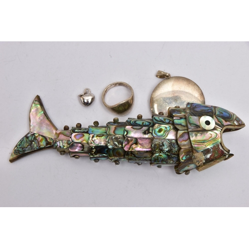 69 - A LARGE ARTICULATED FISH AND THREE PIECES OF JEWELLERY, articulated Abalone shell fish, approximate ... 