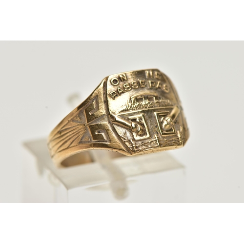 7 - A GENTS YELLOW METAL WWII SIGNET RING, of a square form, detailed with a tank and inscribed 'ON NE P... 