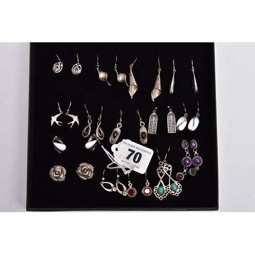 70 - AN ASSORTMENT OF WHITE METAL EARRINGS, thirteen pairs of white metal drop earrings and two pairs of ... 