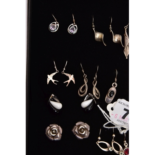 70 - AN ASSORTMENT OF WHITE METAL EARRINGS, thirteen pairs of white metal drop earrings and two pairs of ... 