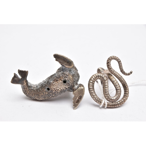 71 - TWO WHITE METAL FIGURINES, the first a white metal python snake, decorated with a textured detail, a... 