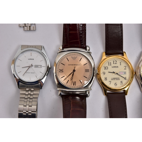 75 - SIX ASSORTED GENTS WATCHES, to include an 'Emporio Armani' AR-0264, fitted with a brown leather stra... 