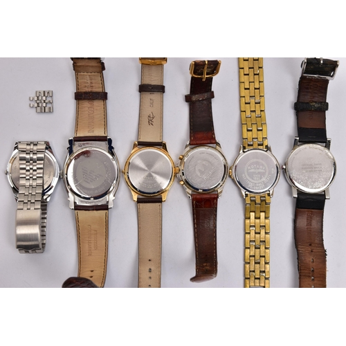 75 - SIX ASSORTED GENTS WATCHES, to include an 'Emporio Armani' AR-0264, fitted with a brown leather stra... 