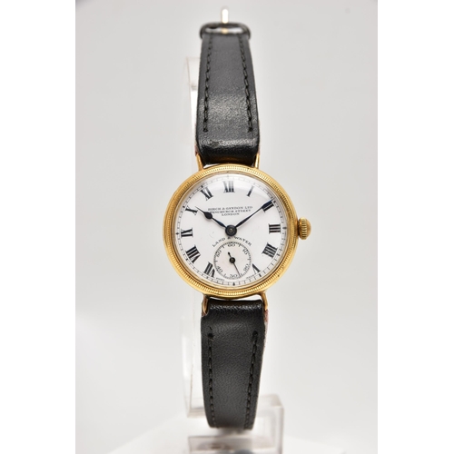 77 - AN EARLY 20TH CENTURY 18CT YELLOW GOLD BIRCH AND GAYDON LTD MANUAL WIND WRISTWATCH, the white enamel... 