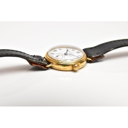 77 - AN EARLY 20TH CENTURY 18CT YELLOW GOLD BIRCH AND GAYDON LTD MANUAL WIND WRISTWATCH, the white enamel... 