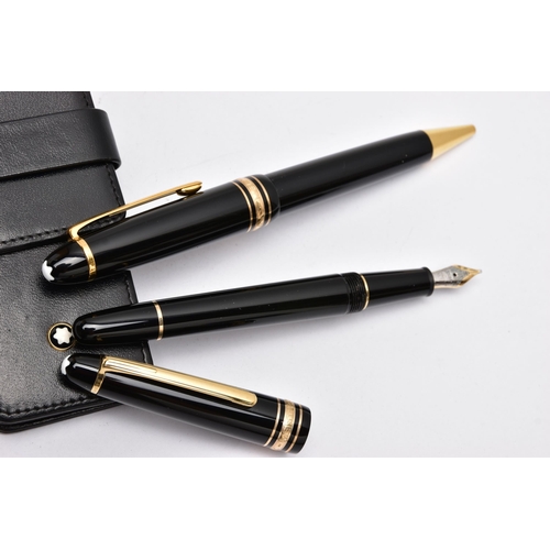 79 - A TWO PIECE 'MONTBLANC' PEN SET, to include a black laquaer with gold detailed coller, fountain pen,... 