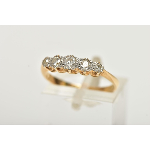 8 - A YELLOW METAL FIVE STONE DIAMOND RING, set with five graduated old cut diamonds, estimated total di... 