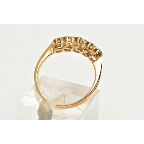 8 - A YELLOW METAL FIVE STONE DIAMOND RING, set with five graduated old cut diamonds, estimated total di... 