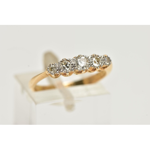 8 - A YELLOW METAL FIVE STONE DIAMOND RING, set with five graduated old cut diamonds, estimated total di... 