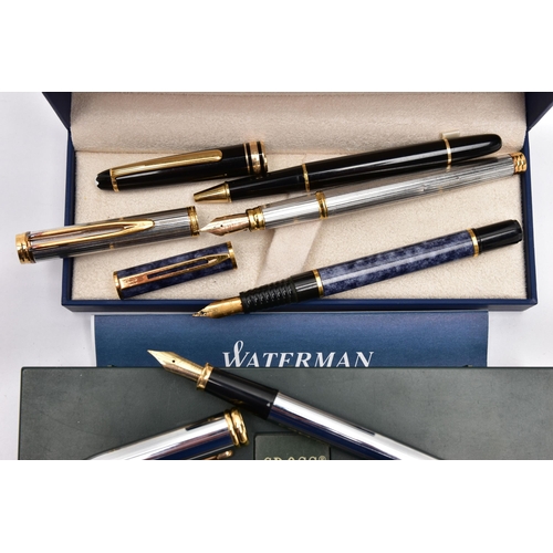 80 - A SELECTION OF FOUNTAIN AND BALL POINT PENS, to include a boxed 'Waterman' fountain pen, a 'Montblan... 