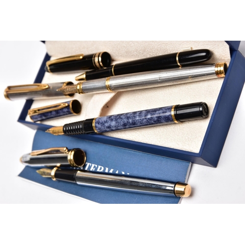 80 - A SELECTION OF FOUNTAIN AND BALL POINT PENS, to include a boxed 'Waterman' fountain pen, a 'Montblan... 