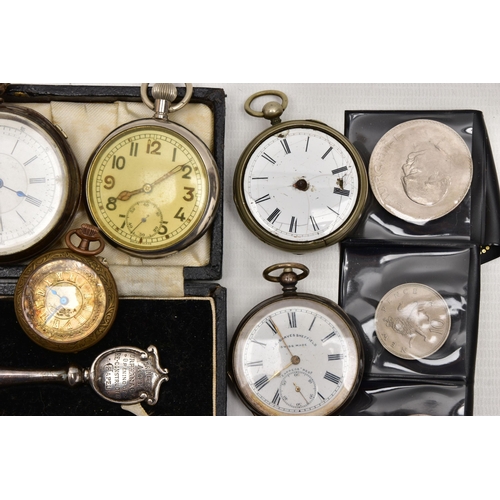 81 - A BOX OF ASSORTED POCKET WATCHES AND ITEMS, to include a larger open face pocket watch, key wound, s... 