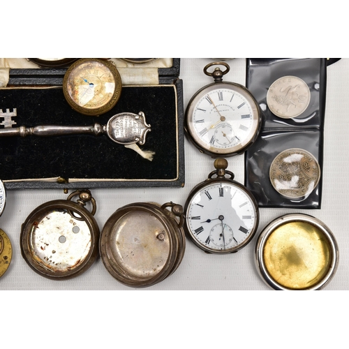 81 - A BOX OF ASSORTED POCKET WATCHES AND ITEMS, to include a larger open face pocket watch, key wound, s... 