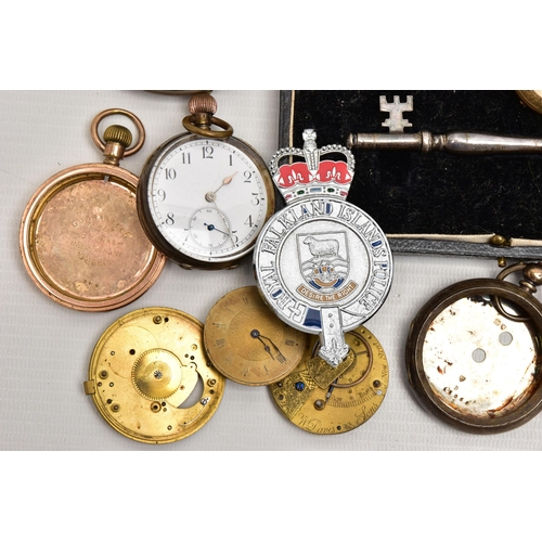 81 - A BOX OF ASSORTED POCKET WATCHES AND ITEMS, to include a larger open face pocket watch, key wound, s... 