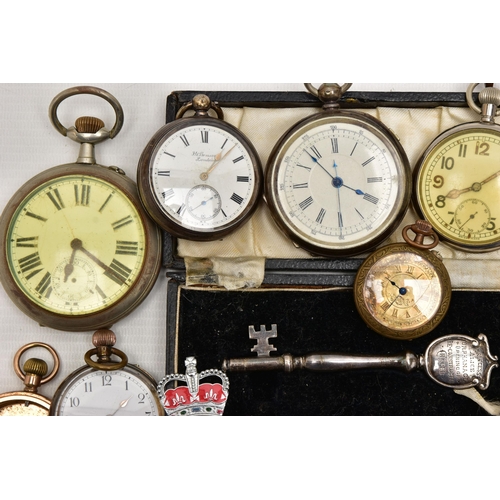 81 - A BOX OF ASSORTED POCKET WATCHES AND ITEMS, to include a larger open face pocket watch, key wound, s... 