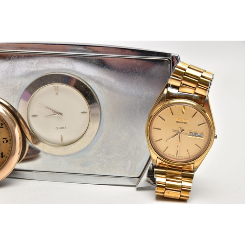 84 - A GOLD PLATED 'WALTHAM' POCKET WATCH, TWO 'SEIKO' WRISTWATCHES AND A TABLE CLOCK, manual wind, open ... 