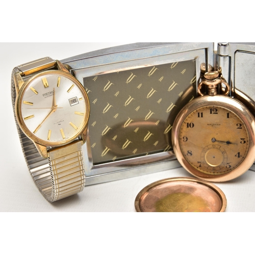 84 - A GOLD PLATED 'WALTHAM' POCKET WATCH, TWO 'SEIKO' WRISTWATCHES AND A TABLE CLOCK, manual wind, open ... 