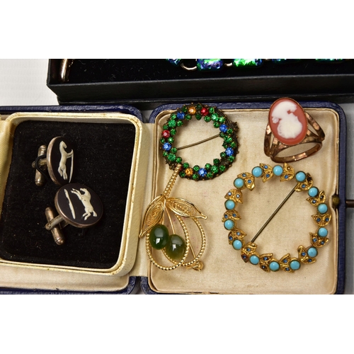 89 - A BOX OF ASSORTED COSTUME JEWELLERY, to include a cased pair of Wedgwood cufflinks, stamped 'Silver'... 