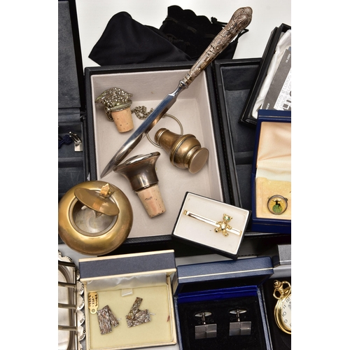 91 - A BOX OF ASSORTED ITEMS, to include a pair of silver salt and pepper shakers, hallmarked 'W H Manton... 