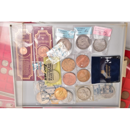 99 - SIX LINDNER COIN TRAYS, some trays contain copper coins, old one pound coins, silver coinage pre 194... 