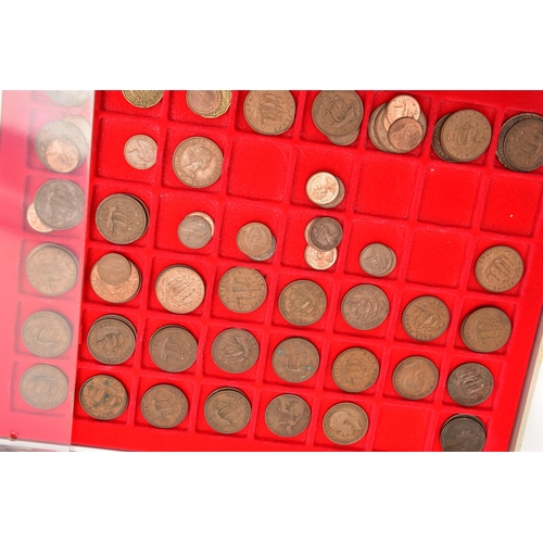 99 - SIX LINDNER COIN TRAYS, some trays contain copper coins, old one pound coins, silver coinage pre 194... 