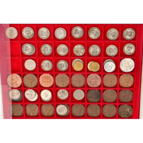 99 - SIX LINDNER COIN TRAYS, some trays contain copper coins, old one pound coins, silver coinage pre 194... 