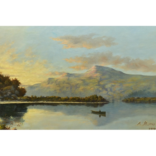 276 - A MURRAY (20TH CENTURY) AN ENGLISH SCHOOL WATER LANDSCAPE, a solitary figure on a rowing boat on a l... 