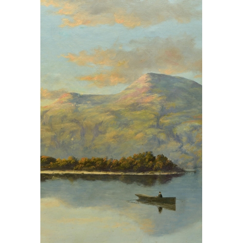 276 - A MURRAY (20TH CENTURY) AN ENGLISH SCHOOL WATER LANDSCAPE, a solitary figure on a rowing boat on a l... 