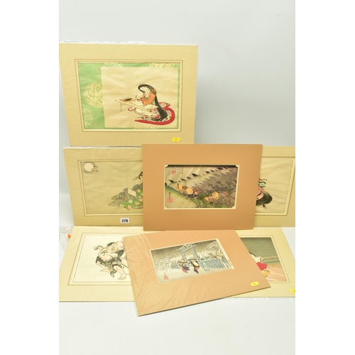 278 - FIVE JAPANESE HAND COLOURED WOOD BLOCK PRINTS AFTER KATSUSHIKA HOKUSAI, comprising 'A poetess Mioshi... 