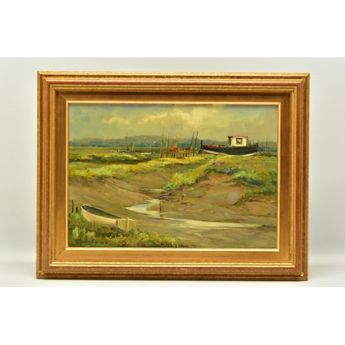 279 - SHIRLEY CARNT (BRITISH 1921-?) 'MAROONED, THORNHAM CREEK', depicting boats stranded at low tide, sig... 