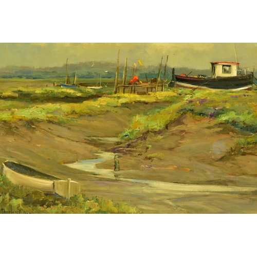 279 - SHIRLEY CARNT (BRITISH 1921-?) 'MAROONED, THORNHAM CREEK', depicting boats stranded at low tide, sig... 