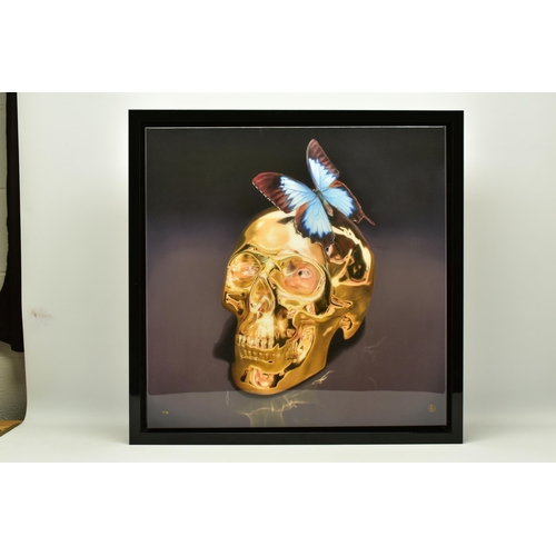 293 - RORY HANCOCK (BRITISH 1987) 'BUTTERFLY KISS' a signed limited edition box canvas print of a skull 5/... 