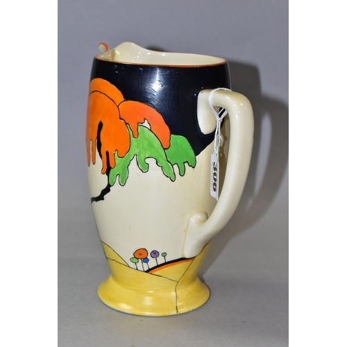 306 - A CLARICE CLIFF WOODLAND PATTERN WATER JUG, painted with an orange and green tree among blue, purple... 