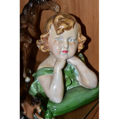 310 - AN EARLY 20TH CENTURY FRENCH PAINTED PLASTER BUST OF A YOUNG GIRL AND EIGHT BESWICK BROWN GLOSS HORS... 