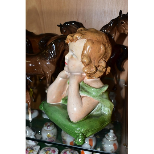 310 - AN EARLY 20TH CENTURY FRENCH PAINTED PLASTER BUST OF A YOUNG GIRL AND EIGHT BESWICK BROWN GLOSS HORS... 