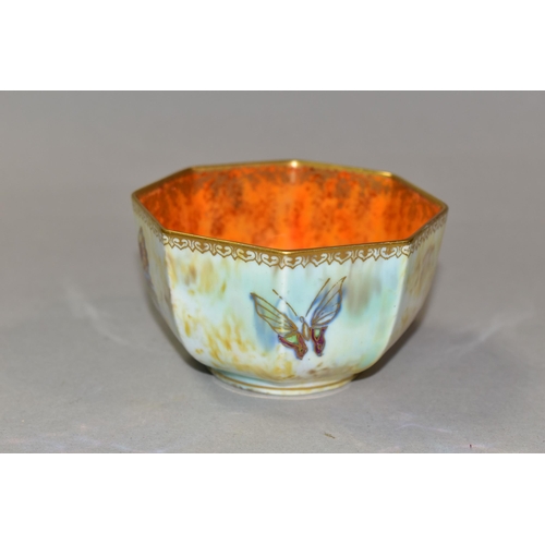 312 - A WEDGWOOD BONE CHINA BUTTERFLY LUSTRE OCTAGONAL BOWL, pattern no. Z4832, mottled orange interior, m... 