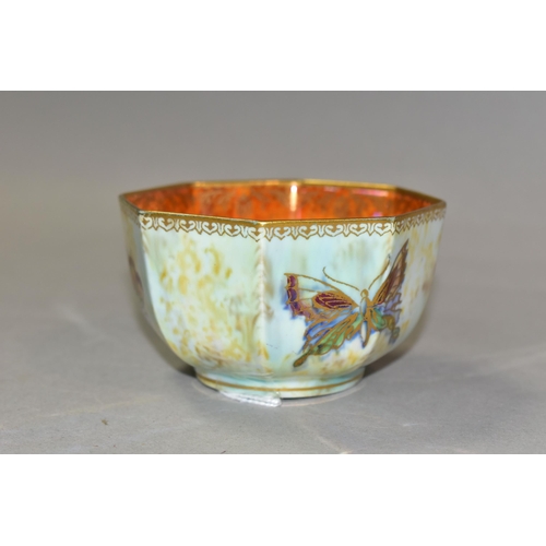 312 - A WEDGWOOD BONE CHINA BUTTERFLY LUSTRE OCTAGONAL BOWL, pattern no. Z4832, mottled orange interior, m... 