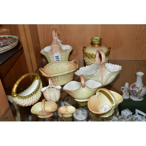 313 - TEN ROYAL WORCESTER/LOCKE & CO BLUSH IVORY BASKETS, mostly modelled as wicker, with gilt details, to... 