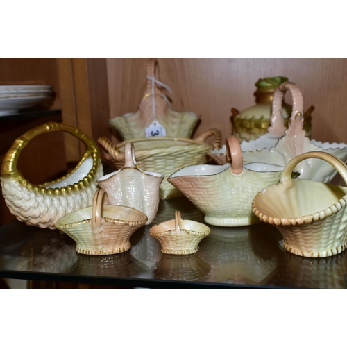 313 - TEN ROYAL WORCESTER/LOCKE & CO BLUSH IVORY BASKETS, mostly modelled as wicker, with gilt details, to... 