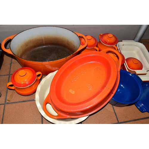 315 - A GROUP OF LE CREUSET AND OTHER COOKWARE, to include five Le Creuset orange stoneware covered soup/b... 