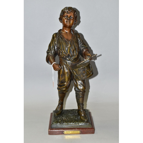 317 - A BRONZED SPELTER FIGURE OF A BOY PLAYING A DRUM, titled 'Petit Tambour' or Little Drum to square wo... 