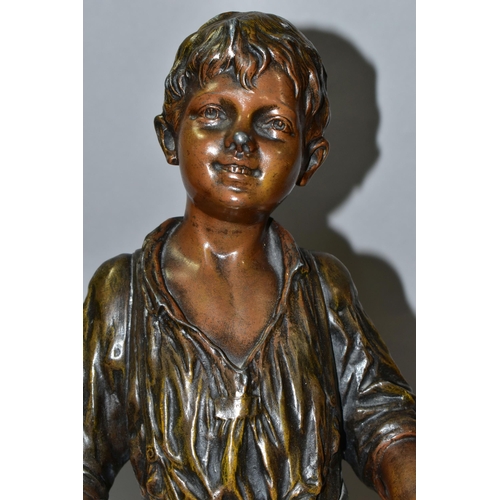 317 - A BRONZED SPELTER FIGURE OF A BOY PLAYING A DRUM, titled 'Petit Tambour' or Little Drum to square wo... 