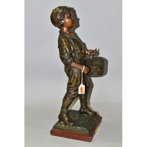 317 - A BRONZED SPELTER FIGURE OF A BOY PLAYING A DRUM, titled 'Petit Tambour' or Little Drum to square wo... 