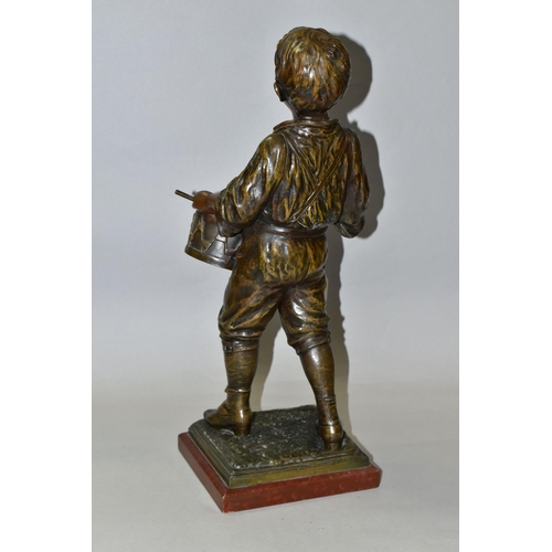 317 - A BRONZED SPELTER FIGURE OF A BOY PLAYING A DRUM, titled 'Petit Tambour' or Little Drum to square wo... 